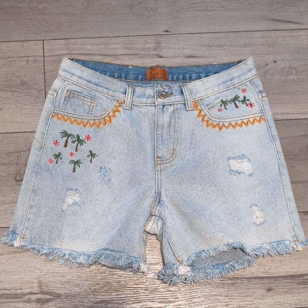 POL Blue Jean Shorts with Distressed Details and Embroidery